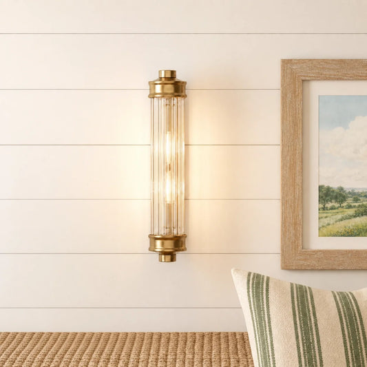 Art Deco Vertical Ribbed Glass Cylindrical Wall Sconce - view 2