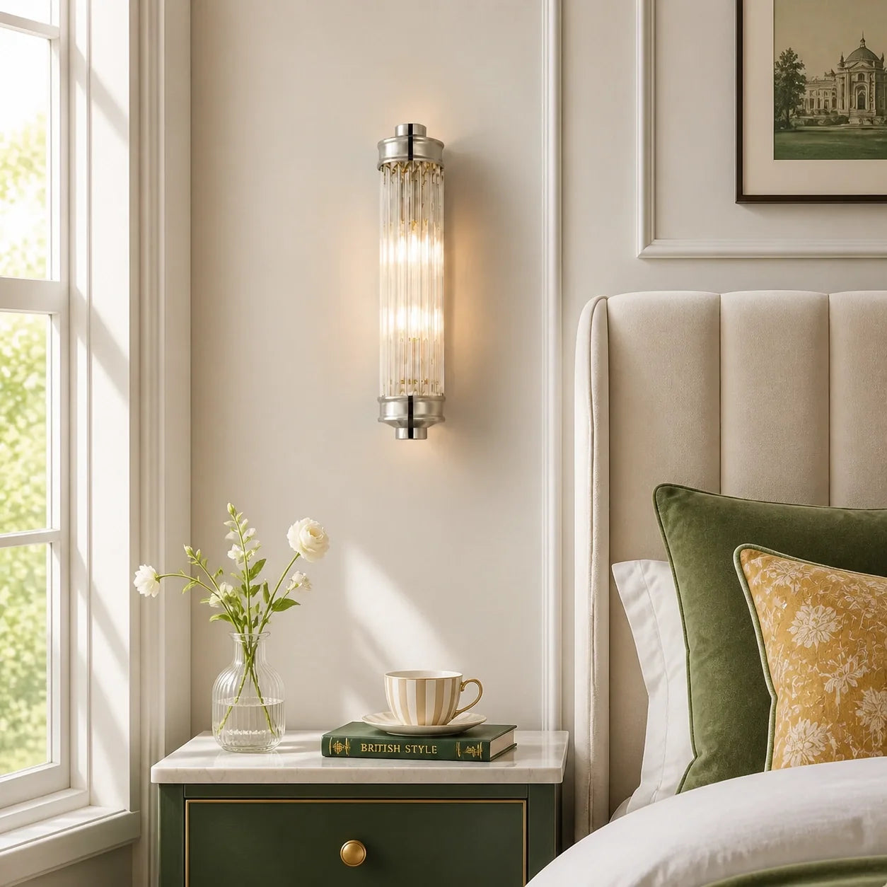 Art Deco Vertical Ribbed Glass Cylindrical Wall Sconce