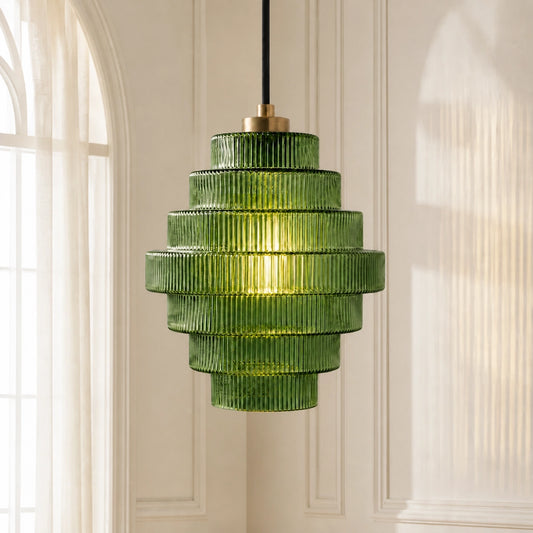Art Deco Bottle Shape Vintage Tiered Ribbed Glass Pendant Light