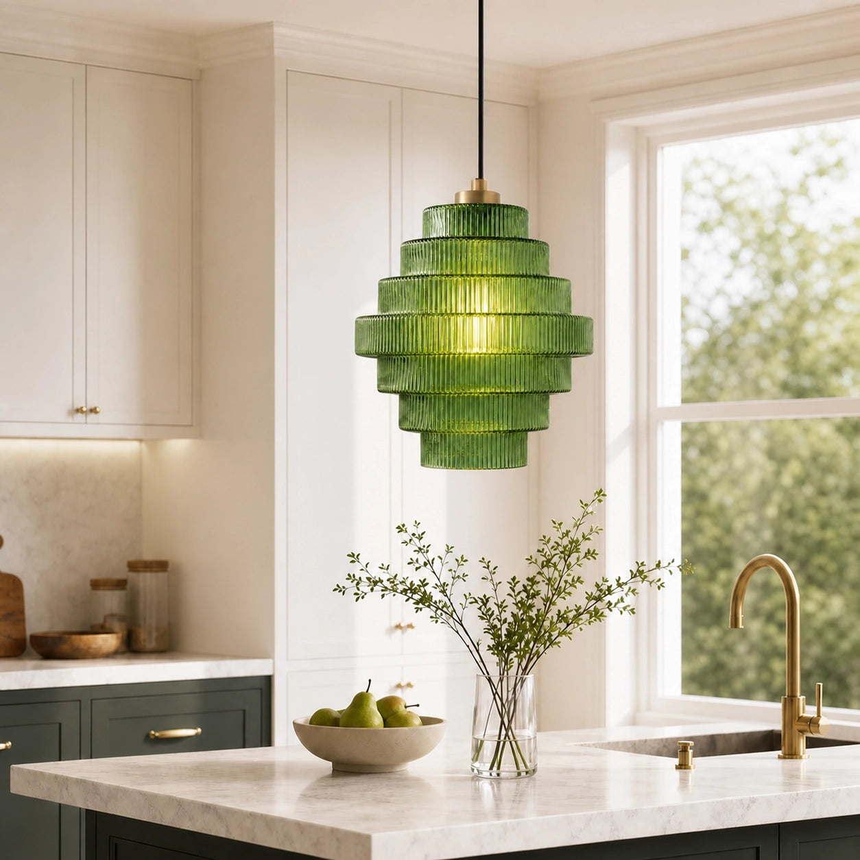 Art Deco Bottle Shape Vintage Tiered Ribbed Glass Pendant Light