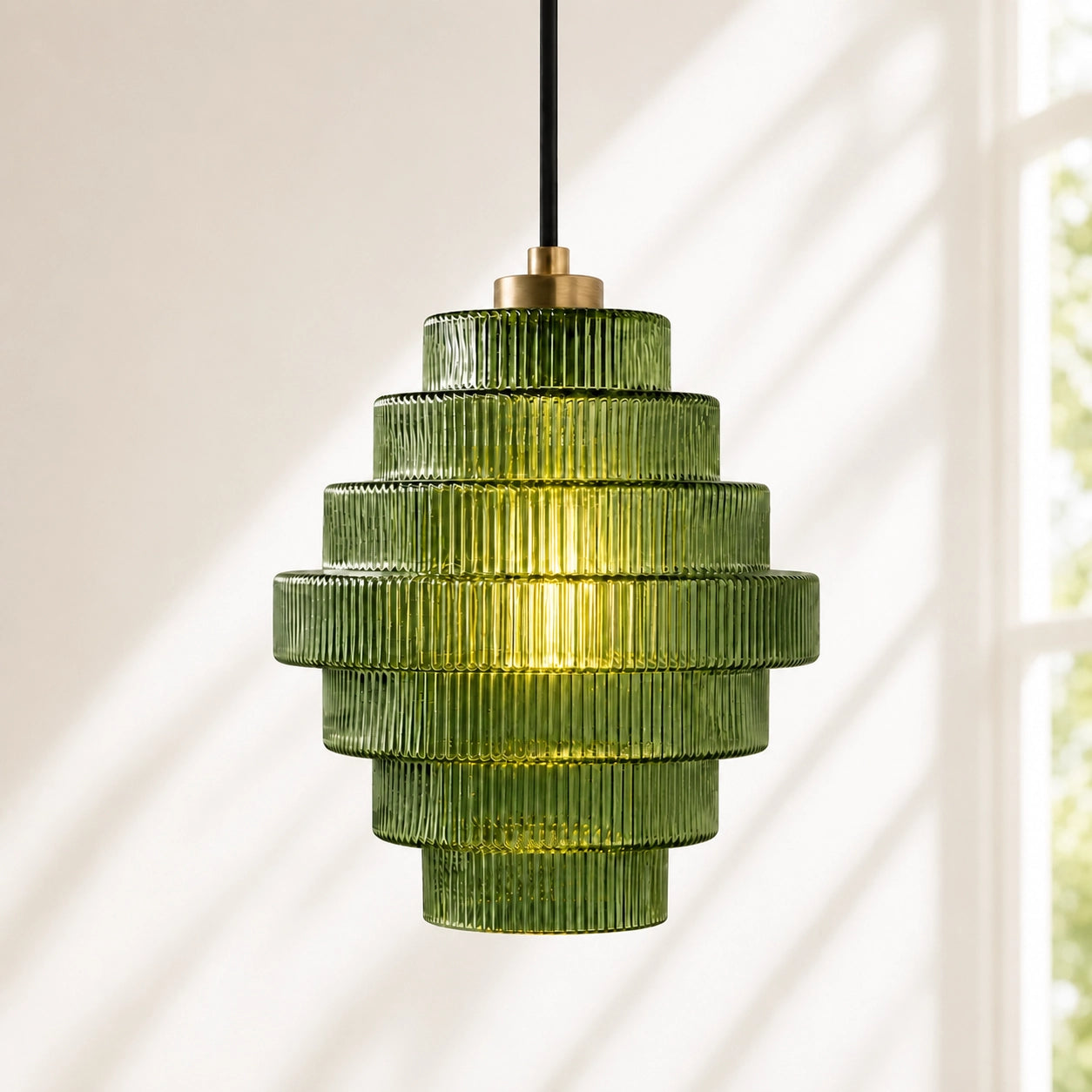 Art Deco Bottle Shape Vintage Tiered Ribbed Glass Pendant Light