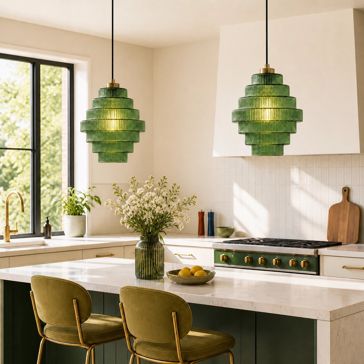 Art Deco Bottle Shape Vintage Tiered Ribbed Glass Pendant Light