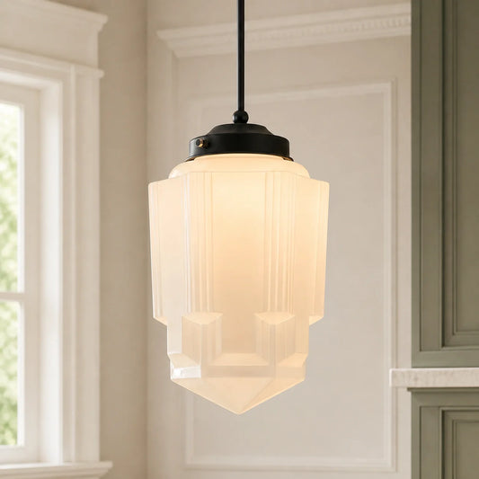 Art Deco Geometric Vintage White Milk Glass Pendant Light