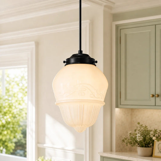 Art Deco Geometric Vintage White Milk Glass Pendant Light