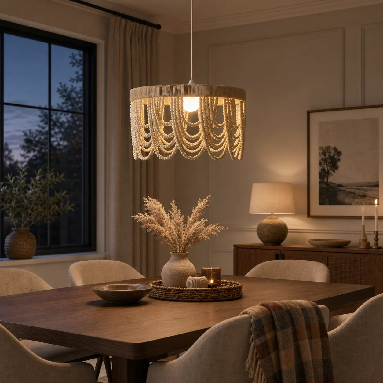 Boho Draped Wooden Cottage Beaded Chandelier