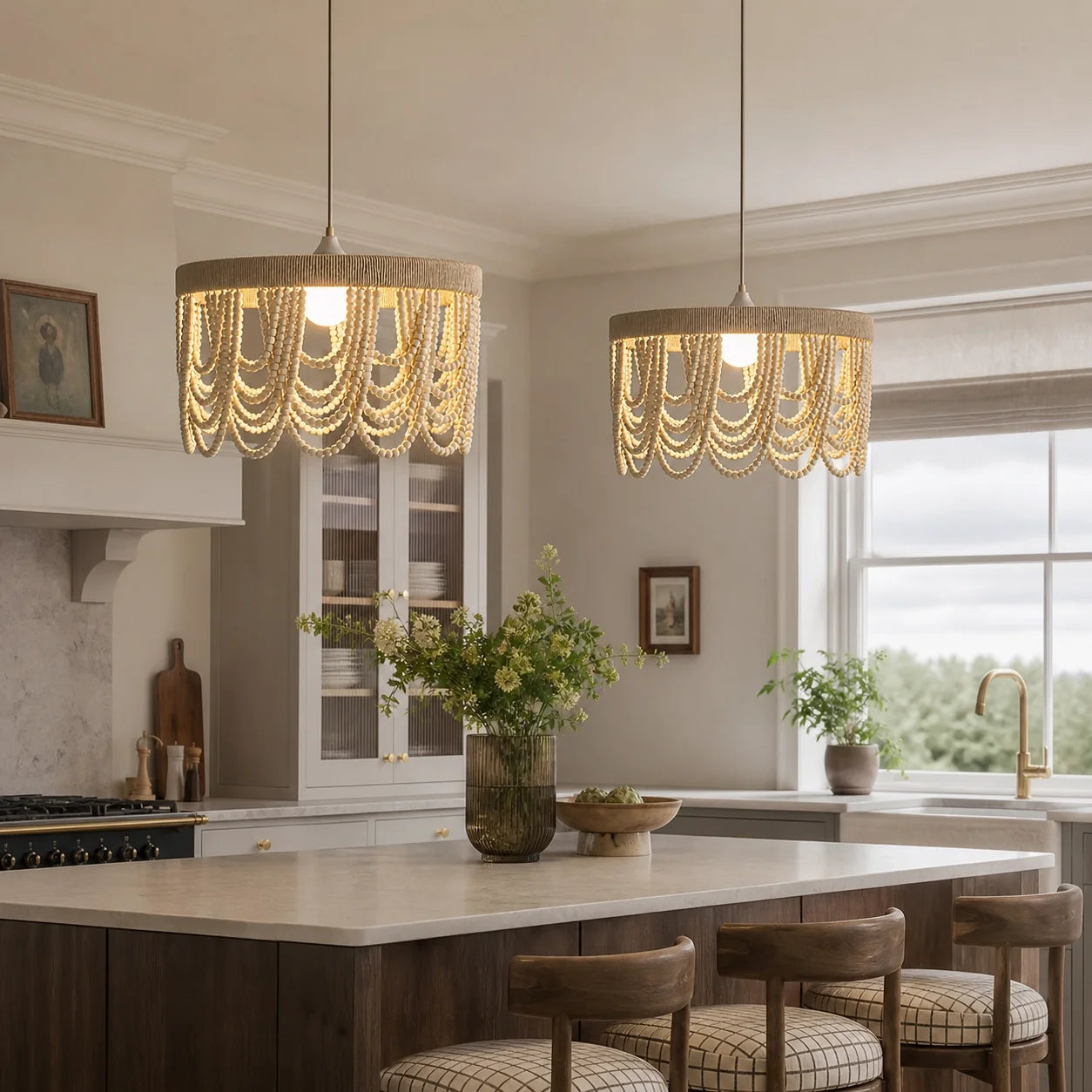 Boho Draped Wooden Cottage Beaded Chandelier