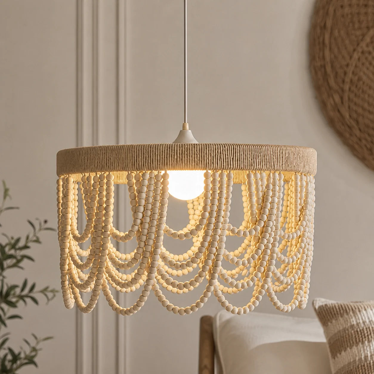 Boho Draped Wooden Cottage Beaded Chandelier