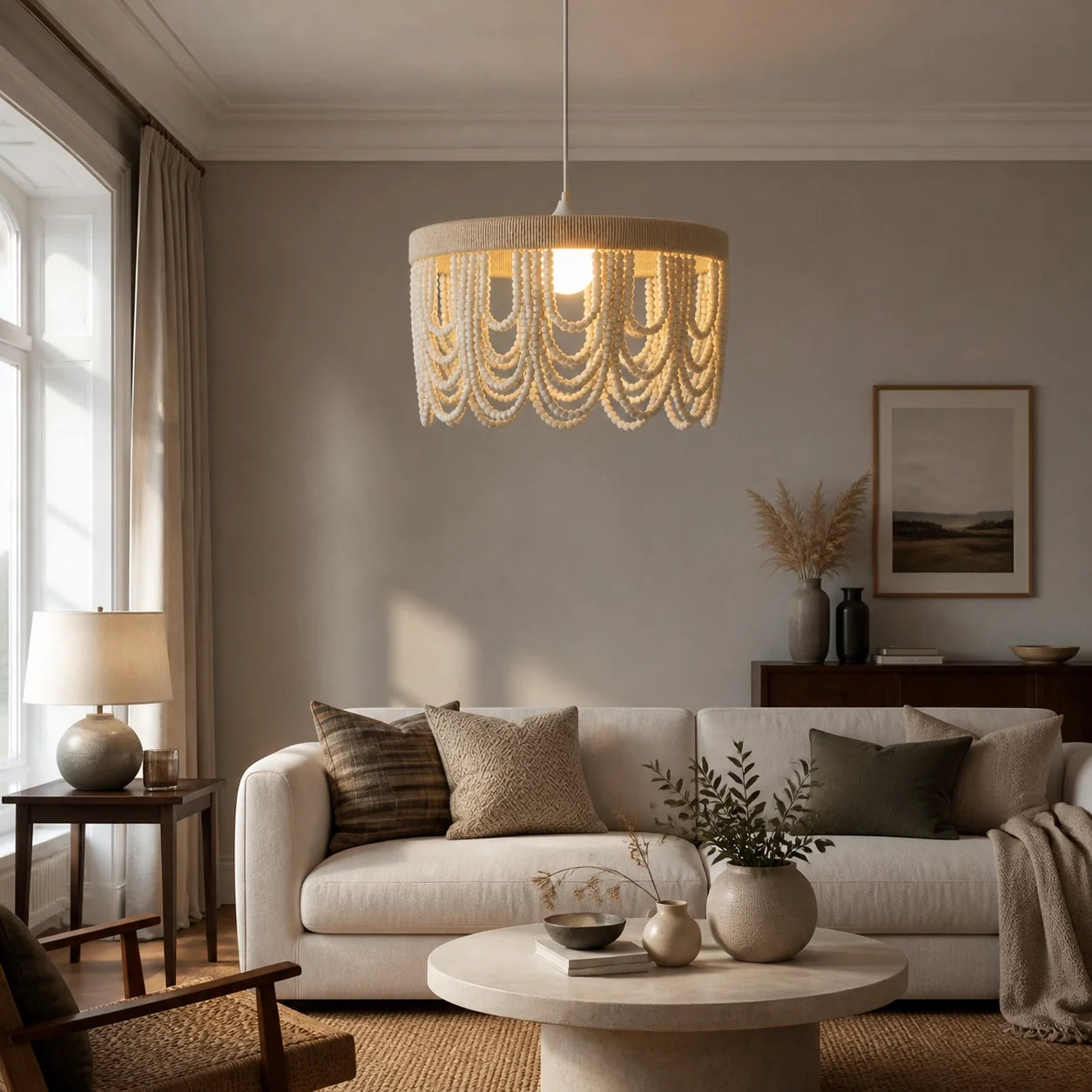 Boho Draped Wooden Cottage Beaded Chandelier