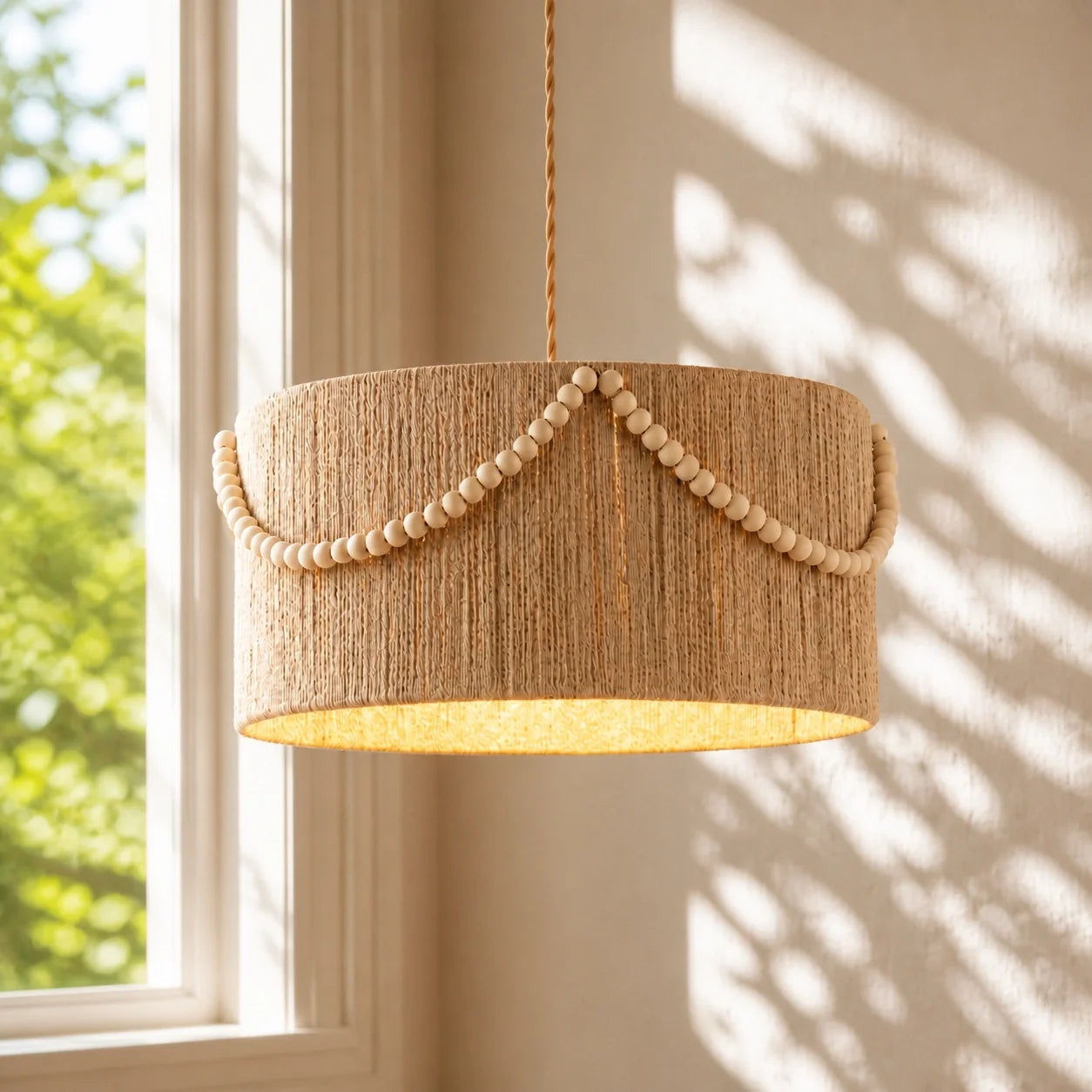 Boho Vintage Rattan Beaded Kitchen Diner Pendant Light