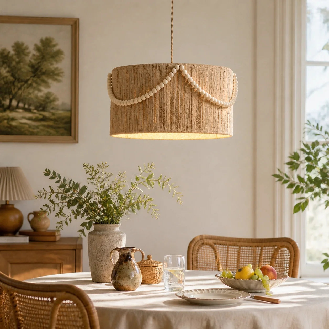 Boho Vintage Rattan Beaded Kitchen Diner Pendant Light