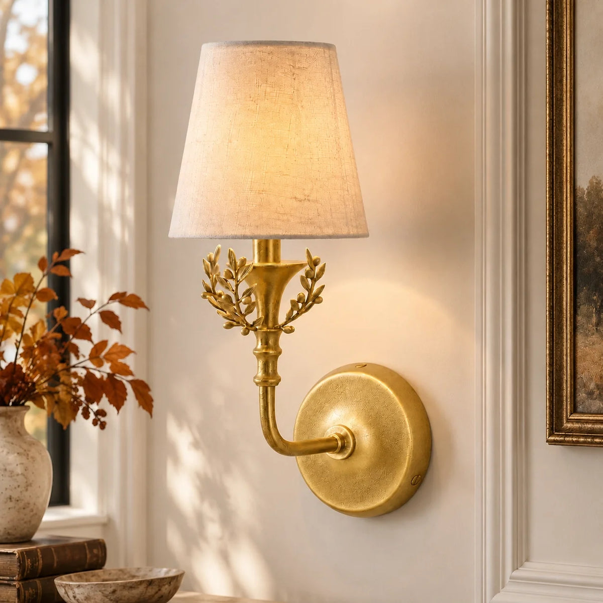 Classic Country Gold Olive Branch Fabric Wall Light