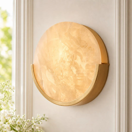 Contemporary Round  Alabaster Wall Sconce In Antiqued Brass