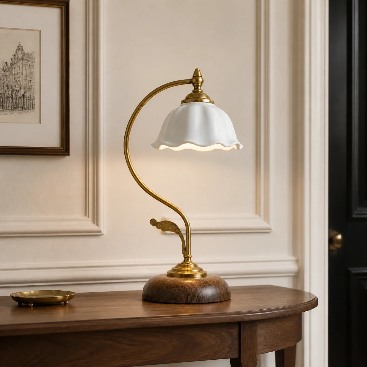 Cottage Style Ceramic Bedside Lamp with Petal Shade