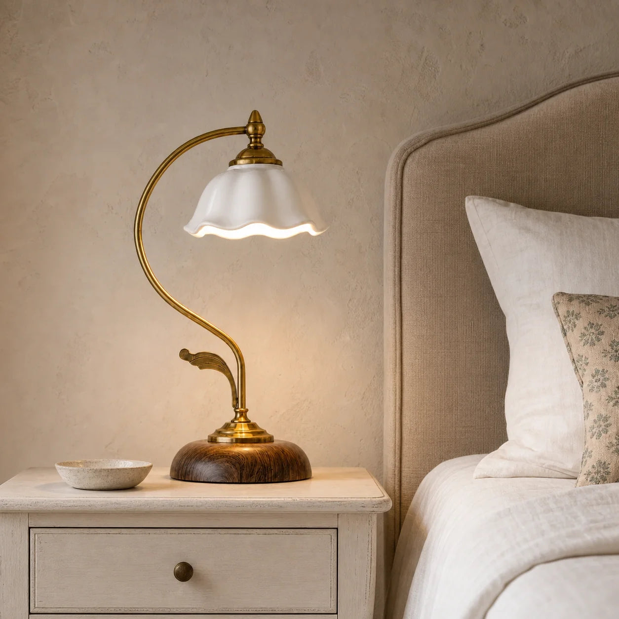 Cottage Style Ceramic Bedside Lamp with Petal Shade