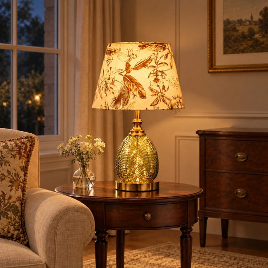 Dark Green Glass Bedside Table Lamp with Fabric Shade