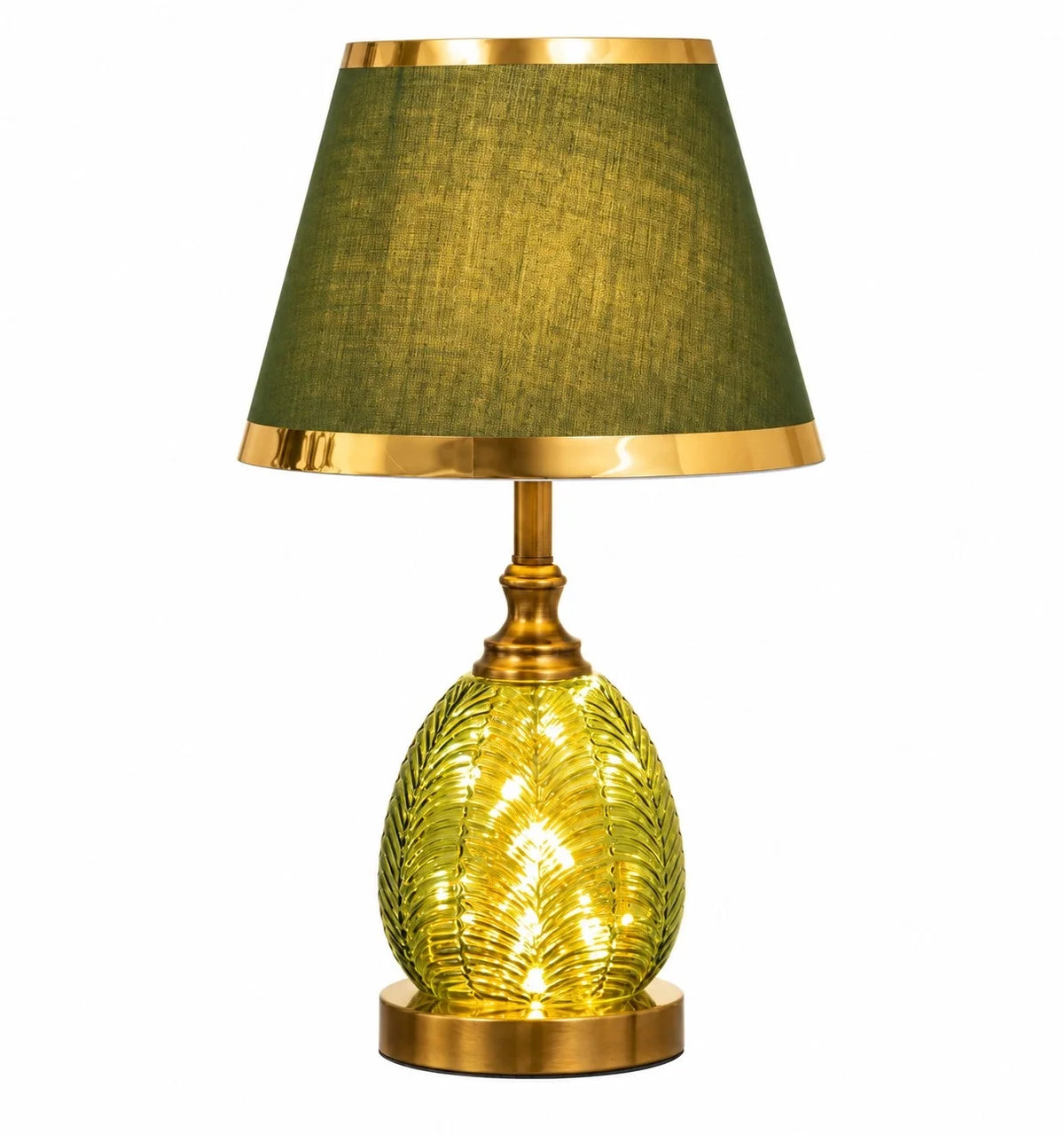 Dark Green Glass Bedside Table Lamp with Fabric Shade