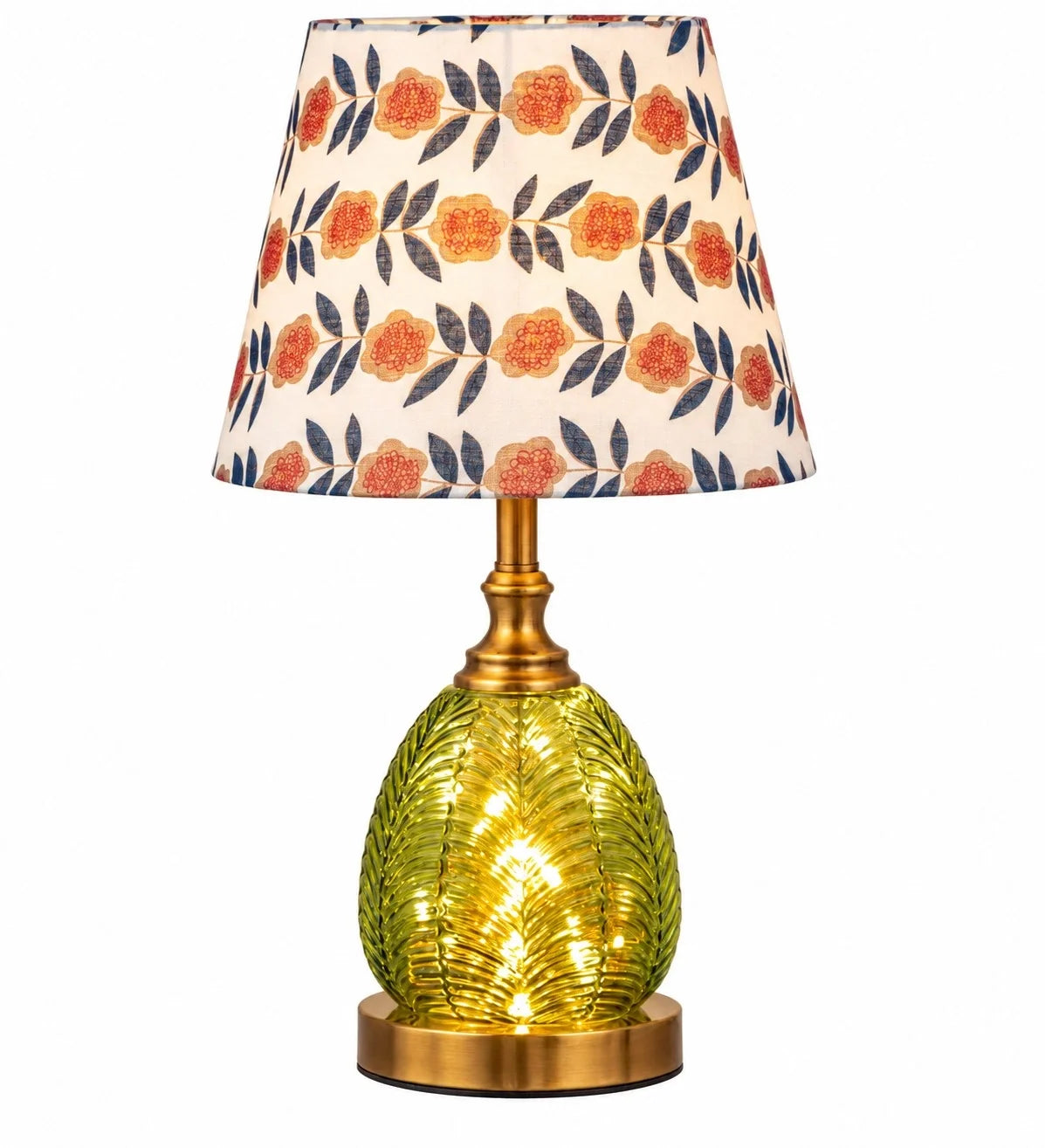 Dark Green Glass Bedside Table Lamp with Fabric Shade