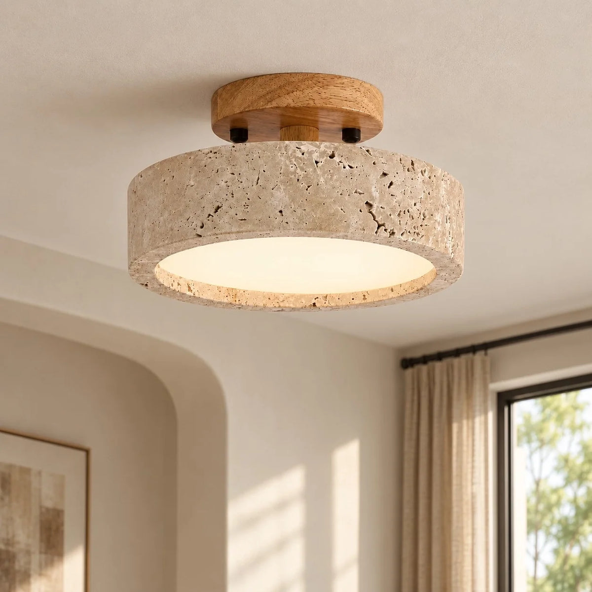 Elara Natural Travertine Wood LED Flush Ceiling Light