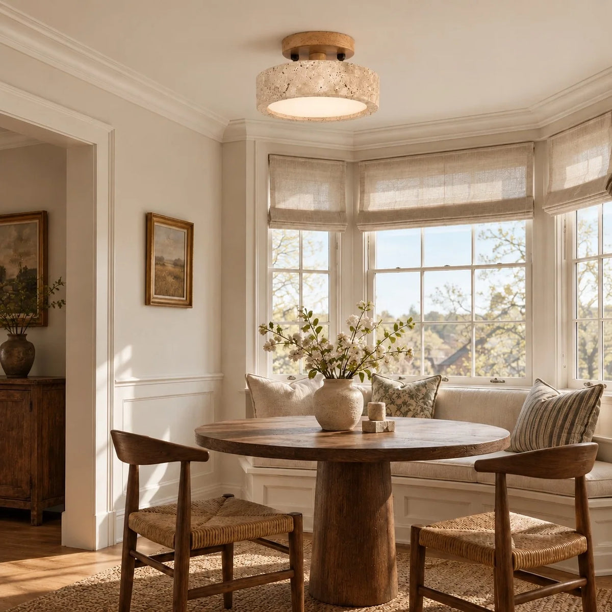 Elara Natural Travertine Wood LED Flush Ceiling Light