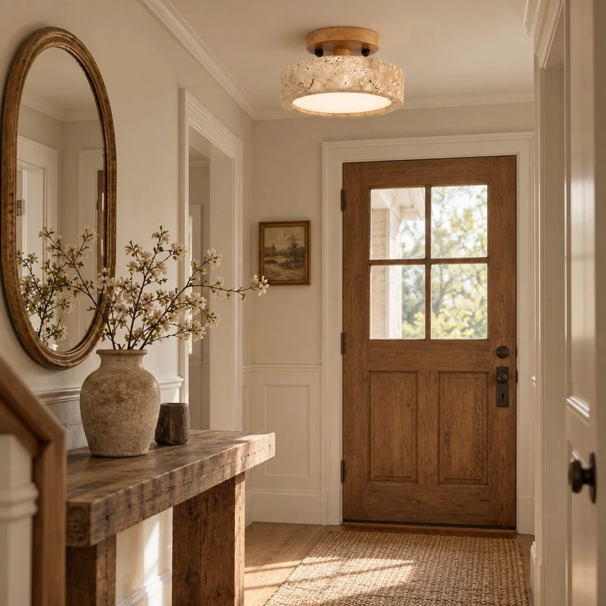 Elara Natural Travertine Wood LED Flush Ceiling Light