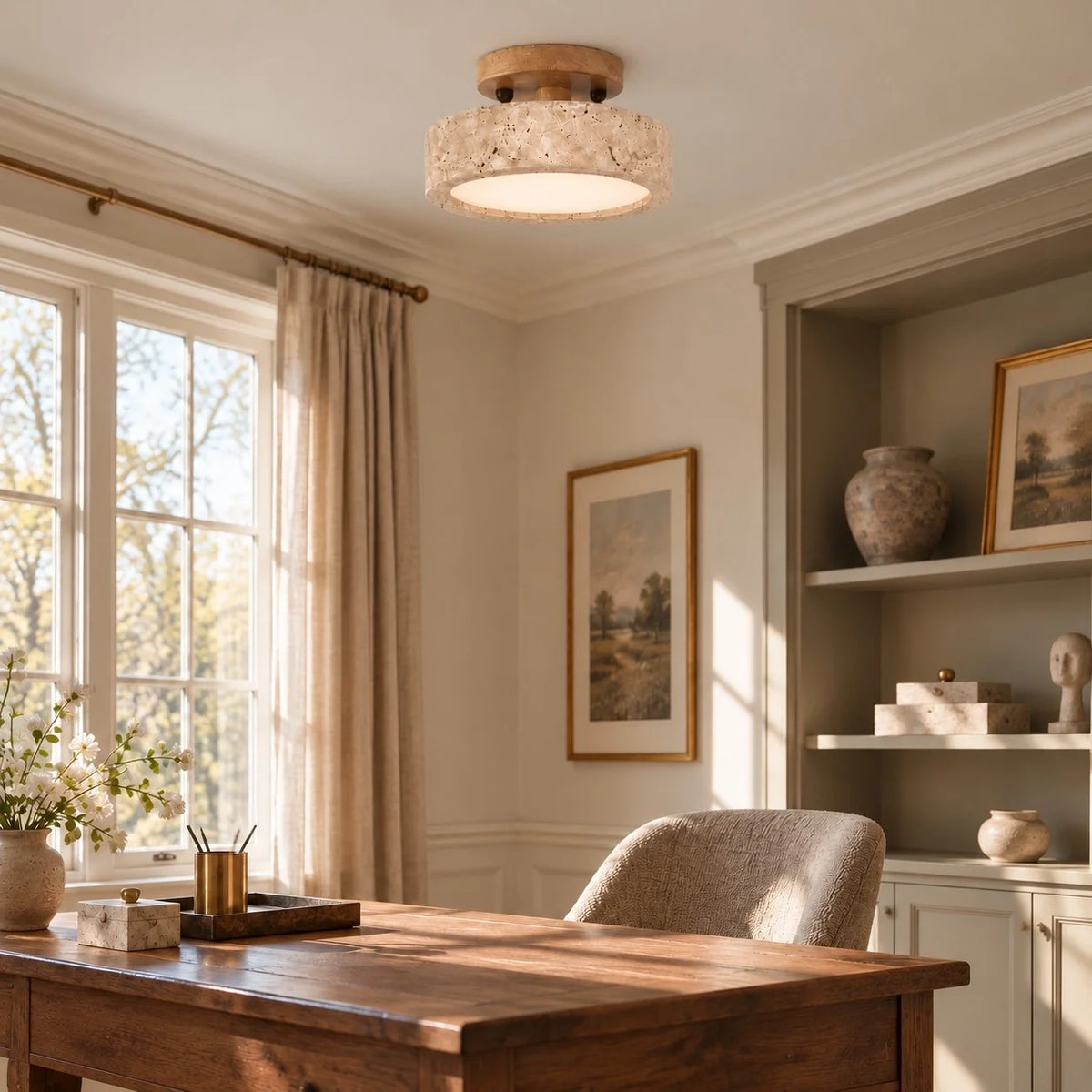 Elara Natural Travertine Wood LED Flush Ceiling Light