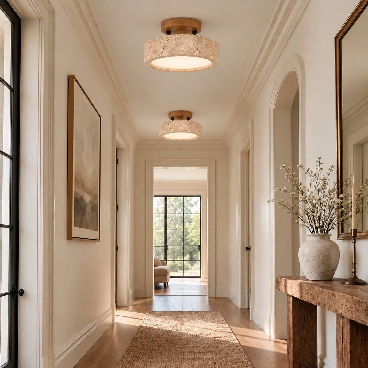 Elara Natural Travertine Wood LED Flush Ceiling Light