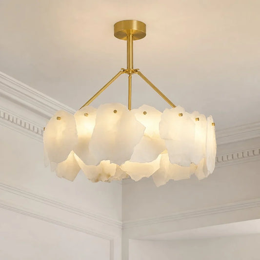 Elegant Brass Alabaster Chandelier – Layered Halo Pendant Light