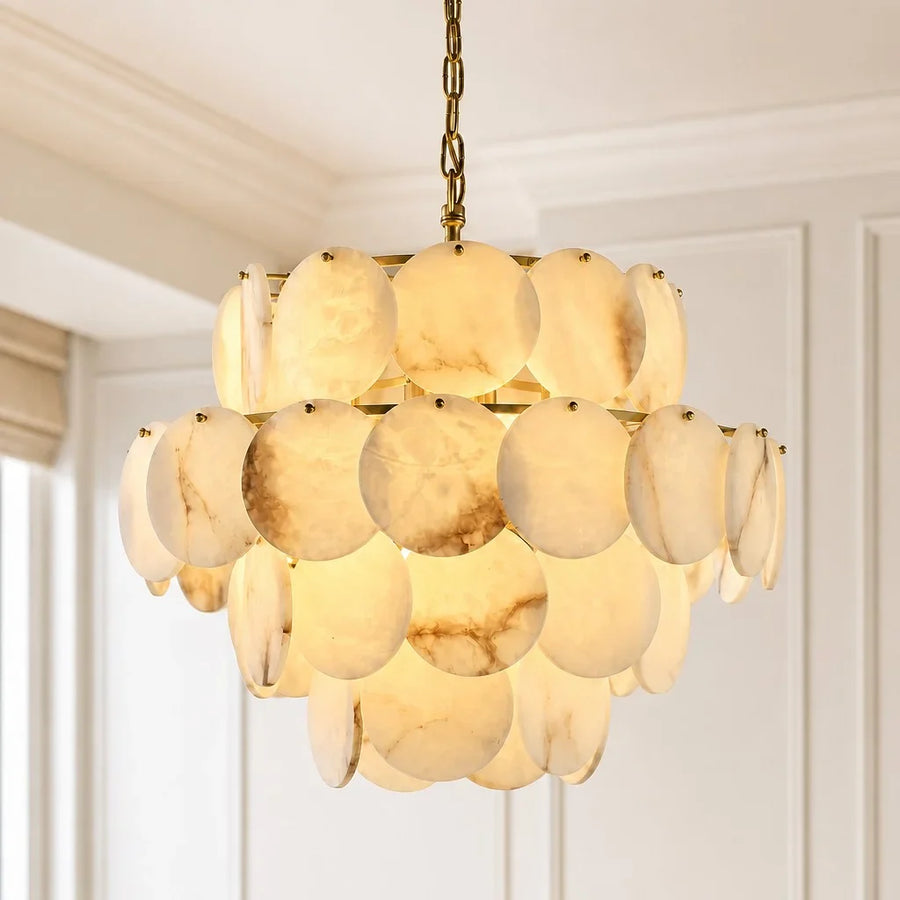 Elegant Brass & Alabaster Shell Multi-Layer Chandelier