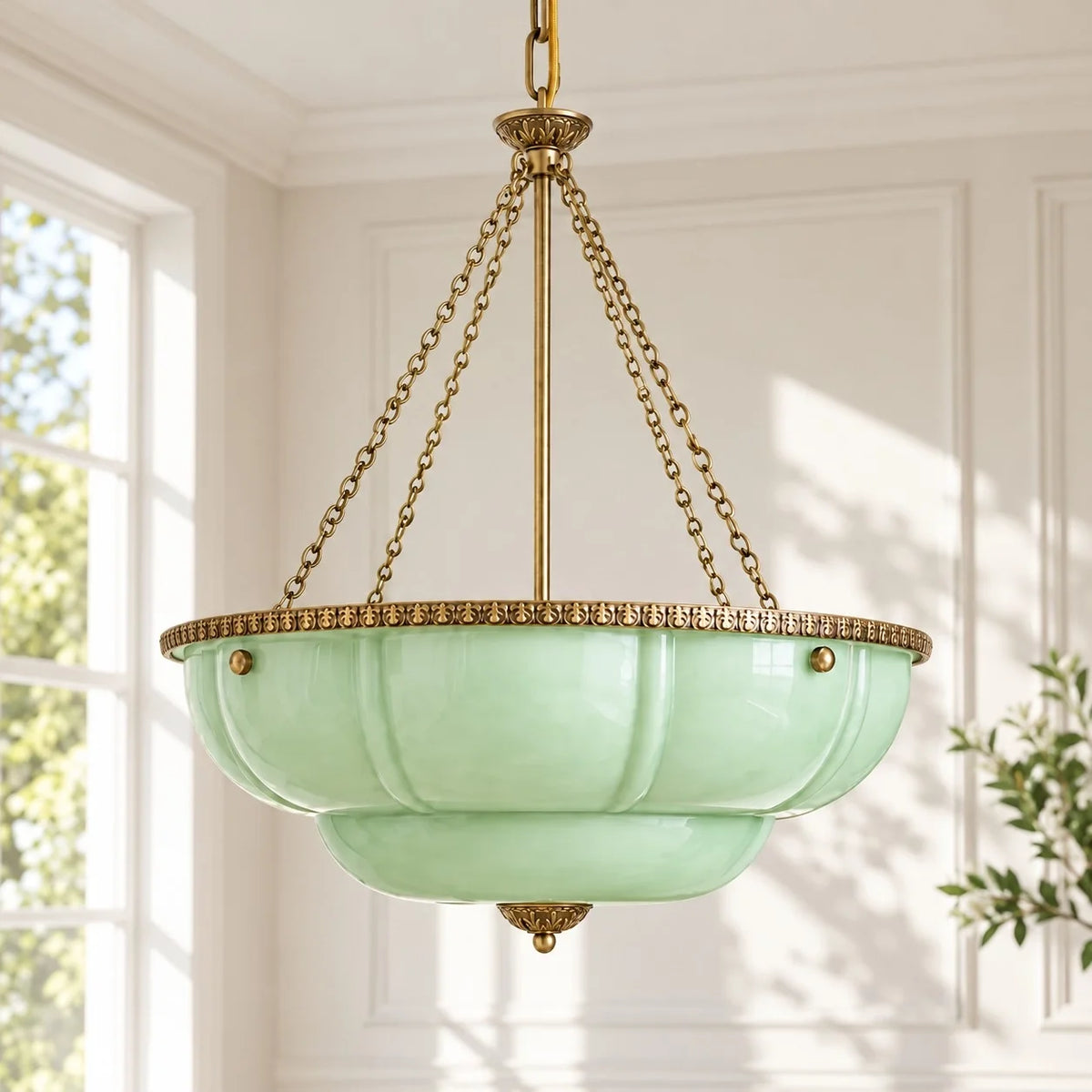 Eloise Series Vintage Scalloped Milk Glass Chandelier with Brass