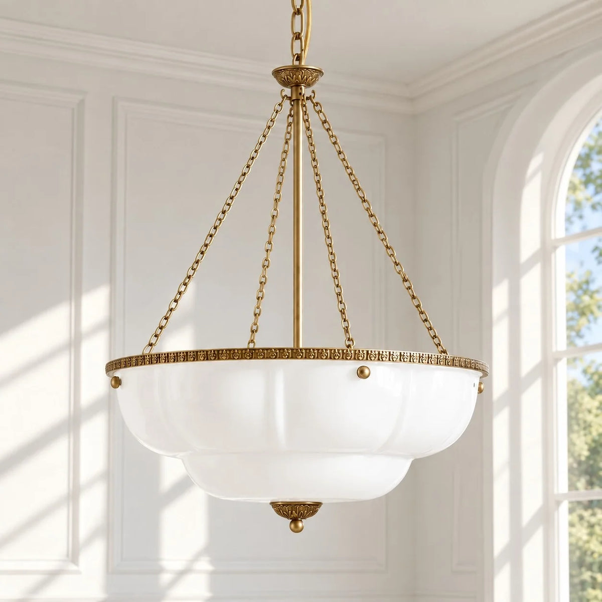 Eloise Series Vintage Scalloped Milk Glass Chandelier with Brass