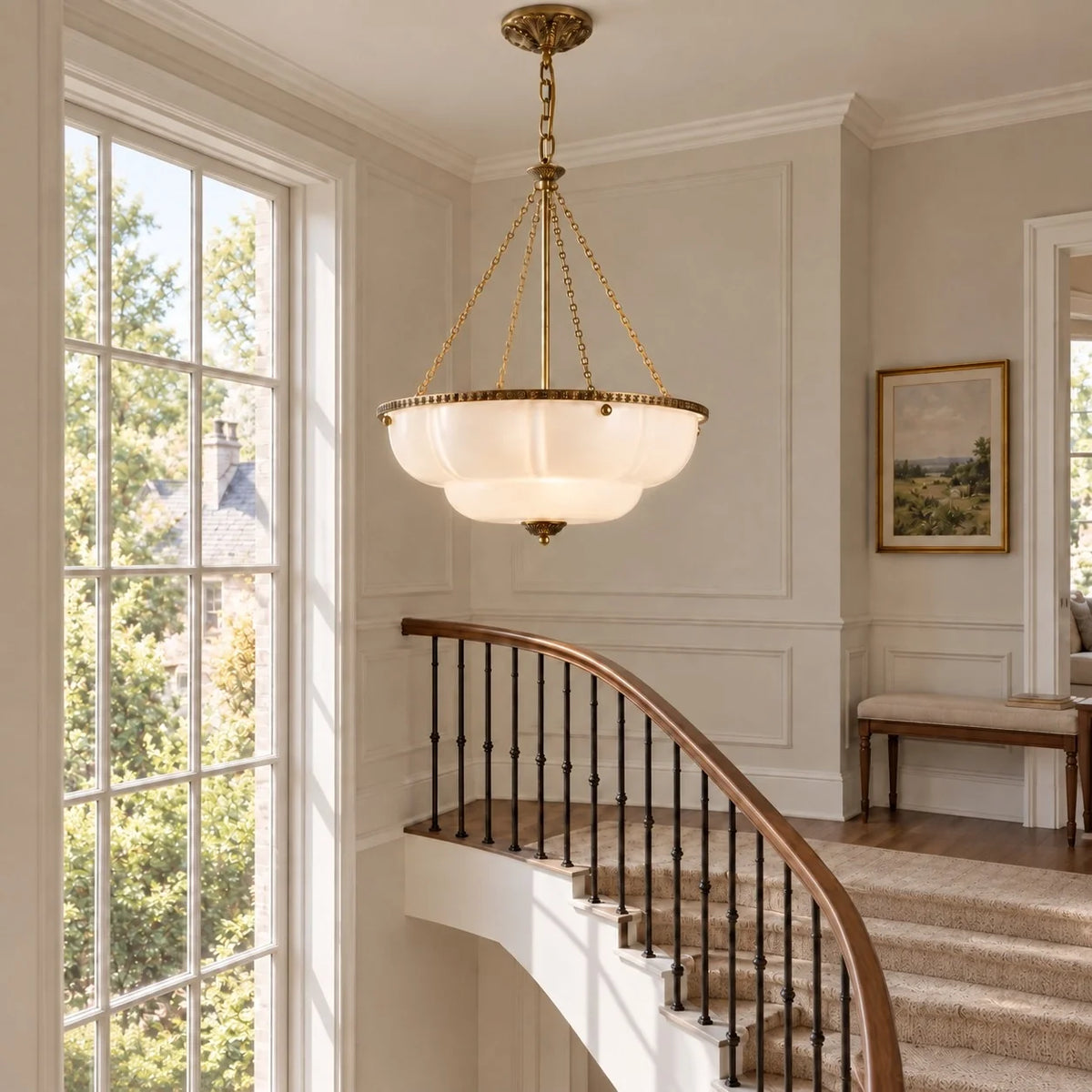 Eloise Series Vintage Scalloped Milk Glass Chandelier with Brass