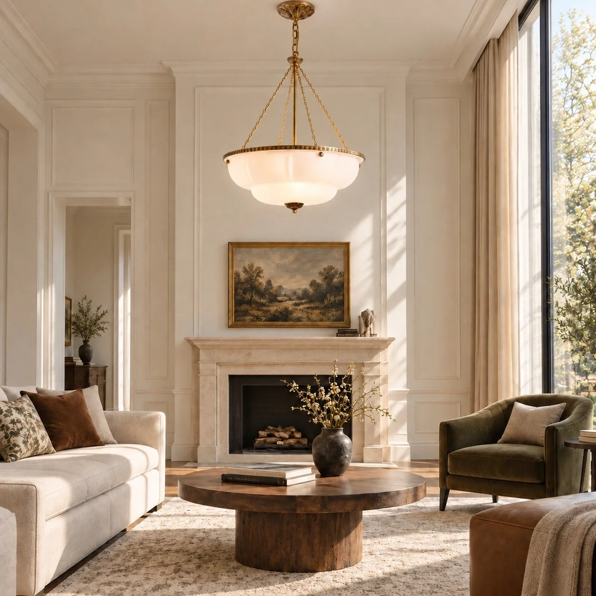 Eloise Series Vintage Scalloped Milk Glass Chandelier with Brass