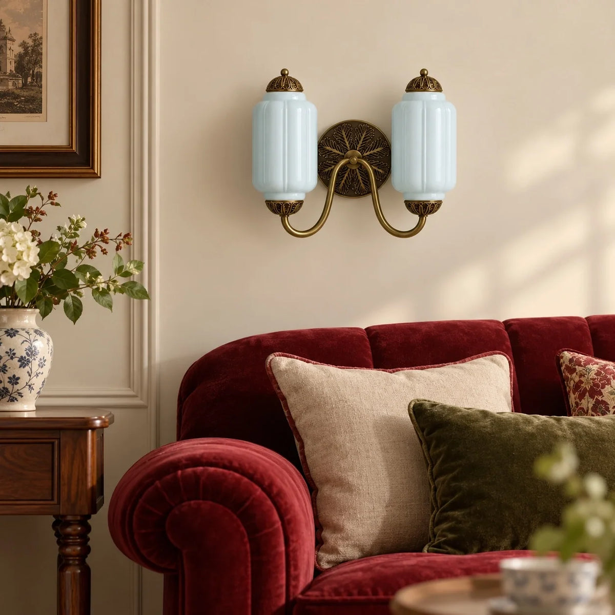 Evelyn Vintage Milk Glass Double Eloise Scallop Wall Light