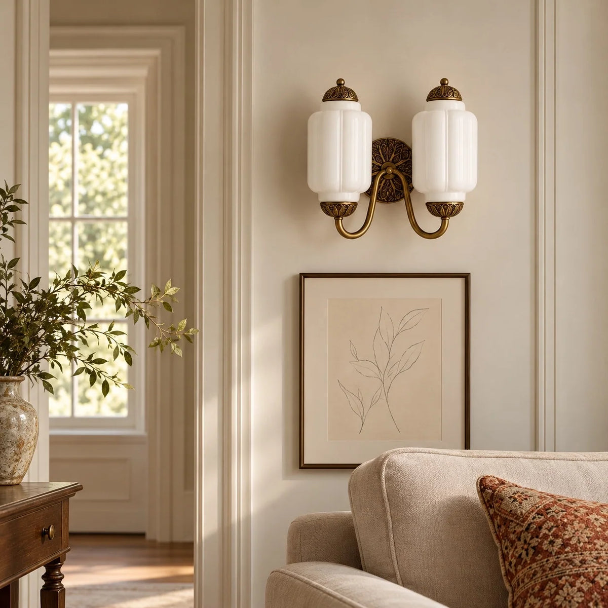 Evelyn Vintage Milk Glass Double Eloise Scallop Wall Light