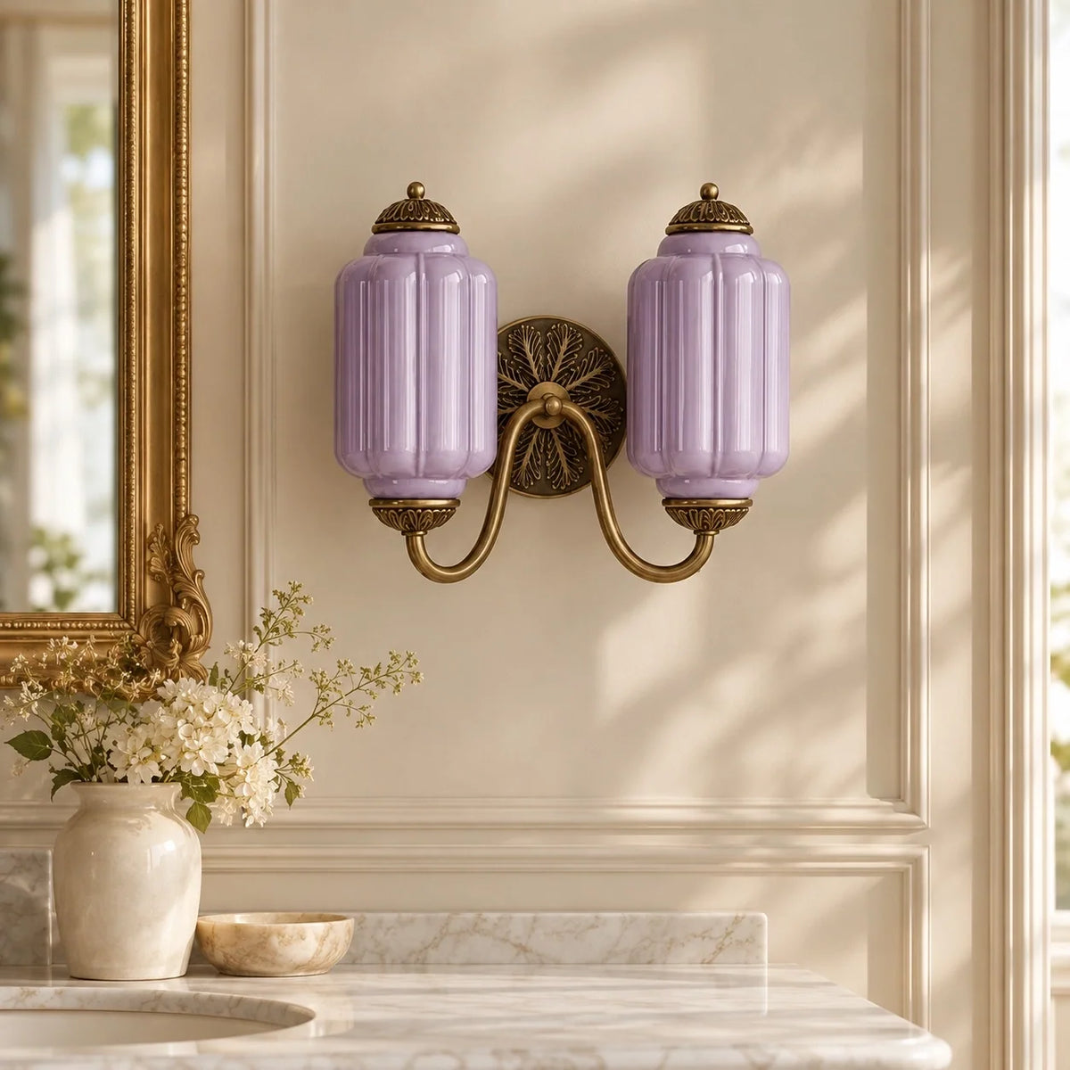 Evelyn Vintage Milk Glass Double Eloise Scallop Wall Light