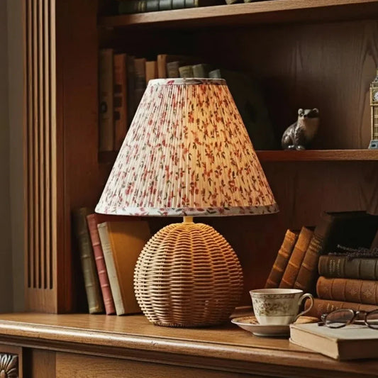 Farmhouse Round Fabric Faux Rattan Table Lamp