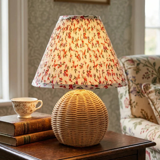 Farmhouse Round Fabric Faux Rattan Table Lamp