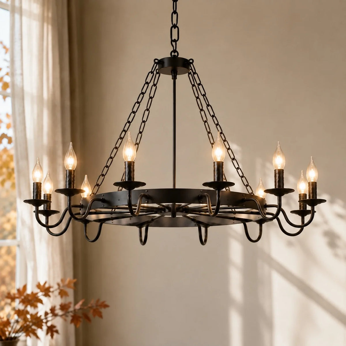 Gothic Rustic Black Wagon Wheel Candle Chandelier