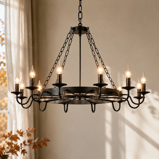 Gothic Rustic Black Wagon Wheel Candle Chandelier
