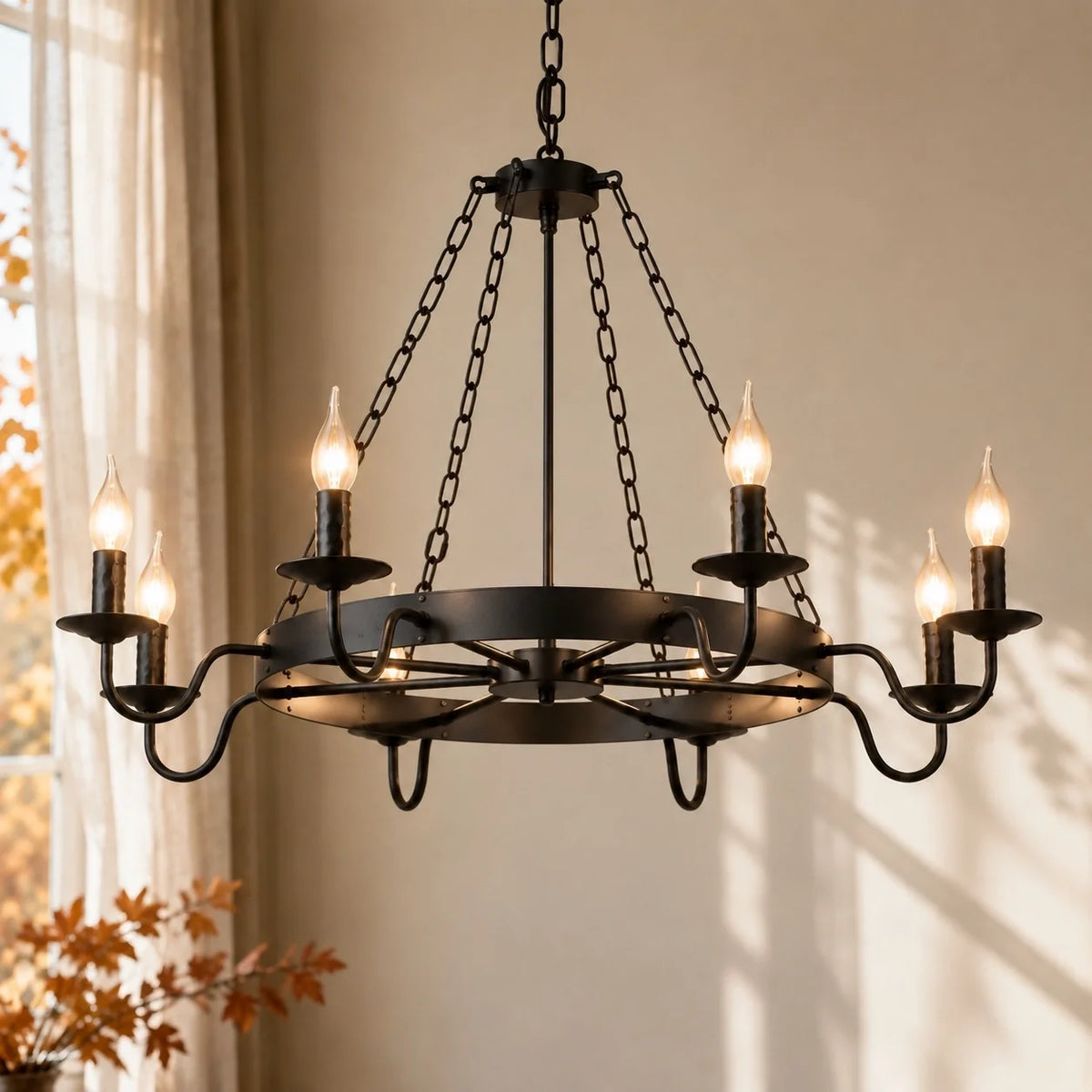 Gothic Rustic Black Wagon Wheel Candle Chandelier