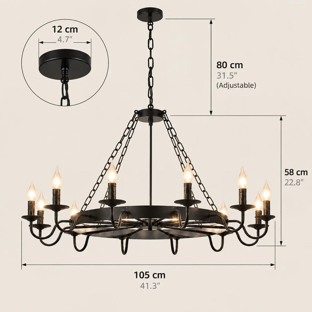 Gothic Rustic Black Wagon Wheel Candle Chandelier