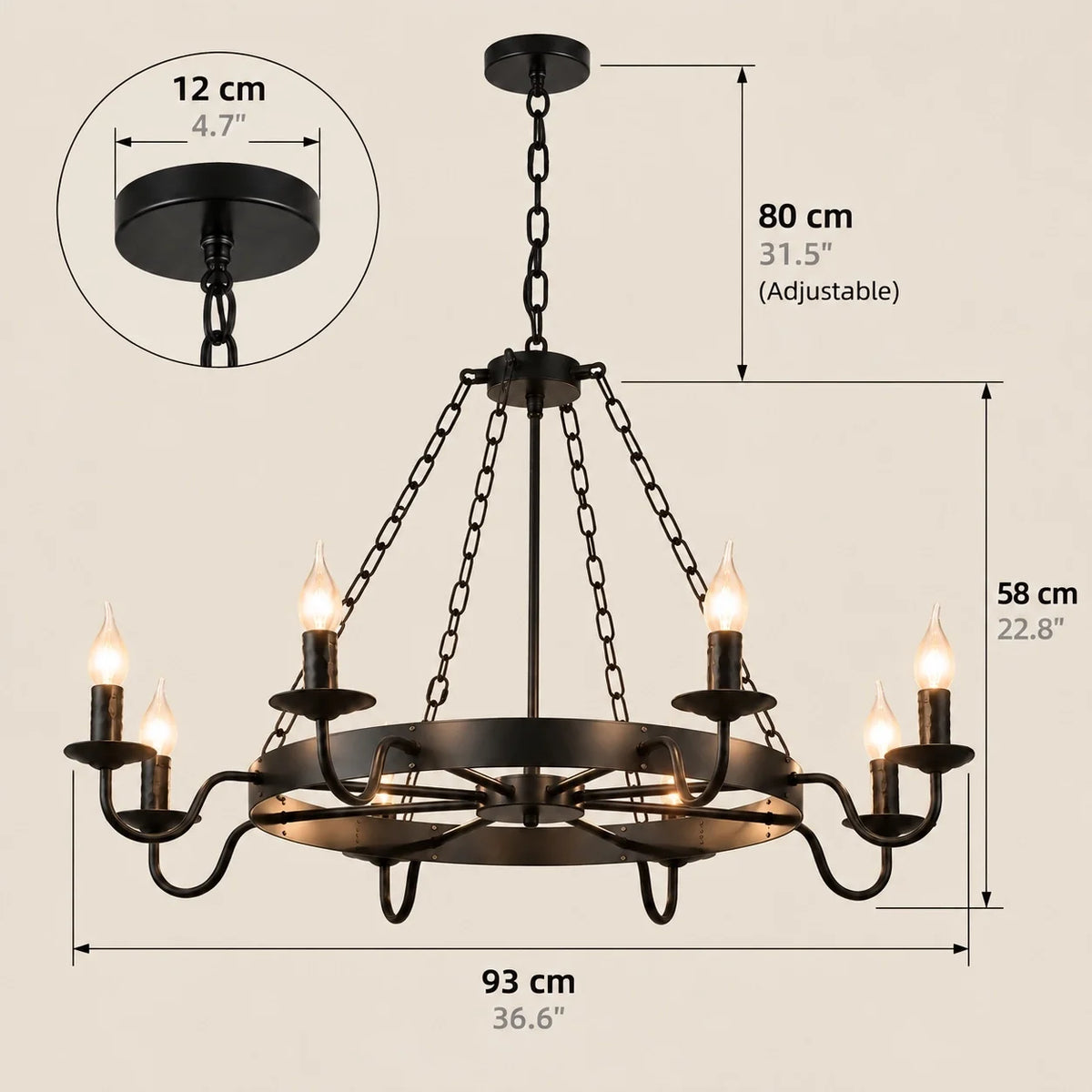 Gothic Rustic Black Wagon Wheel Candle Chandelier