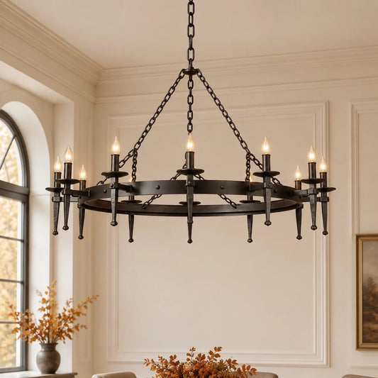 Gothic Black Wagon Wheel Candle Chandelier