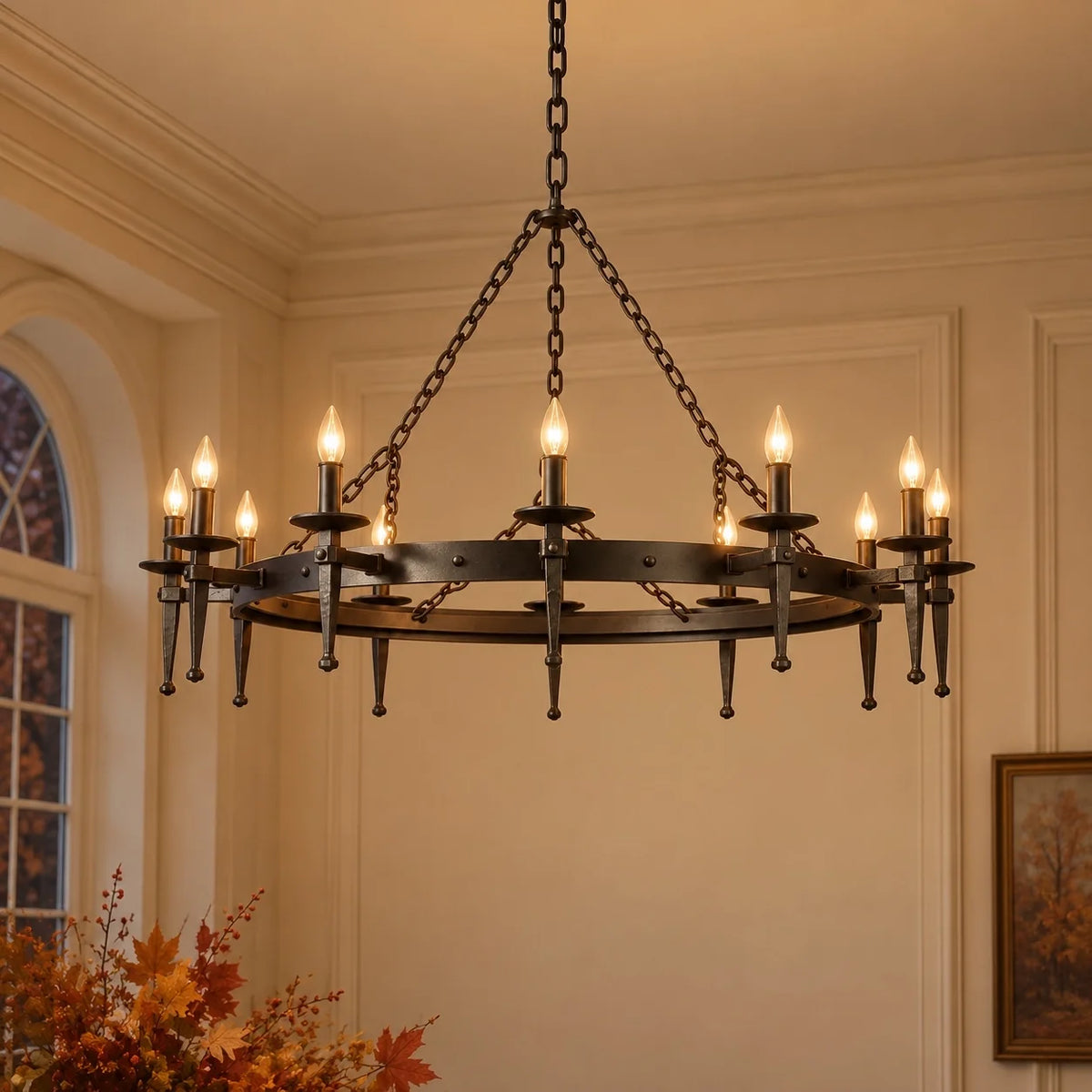 Gothic Black Wagon Wheel Candle Chandelier