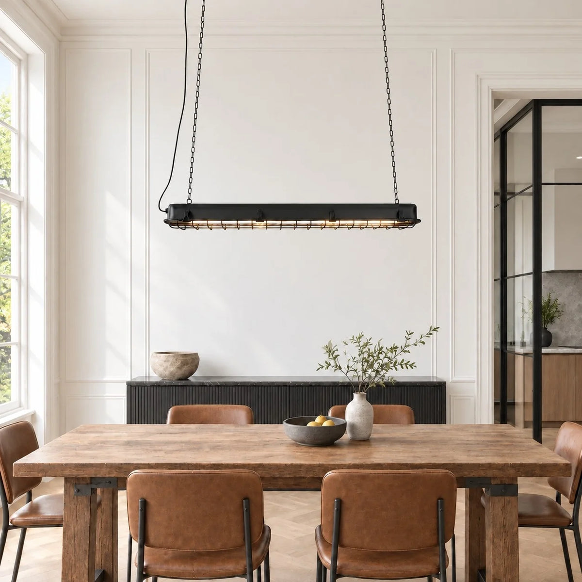 Industrial LED Linear Cage Pendant Light for Kitchen Islands