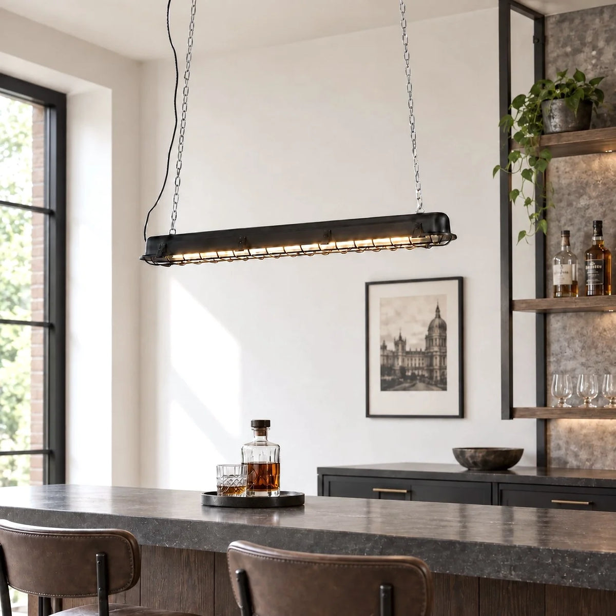 Industrial LED Linear Cage Pendant Light for Kitchen Islands
