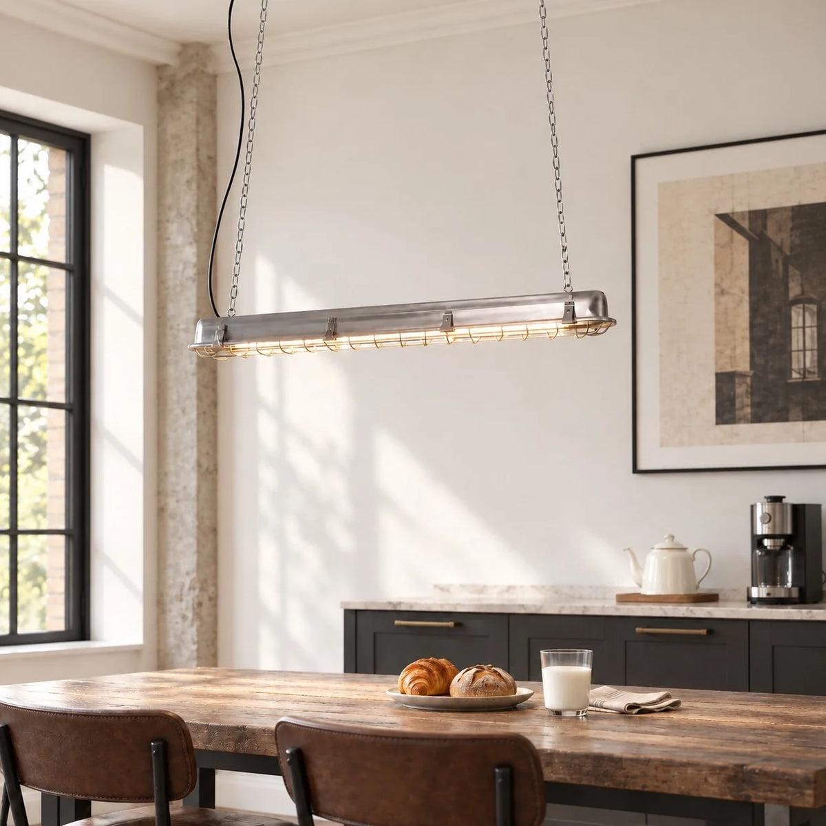 Industrial LED Linear Cage Pendant Light for Kitchen Islands