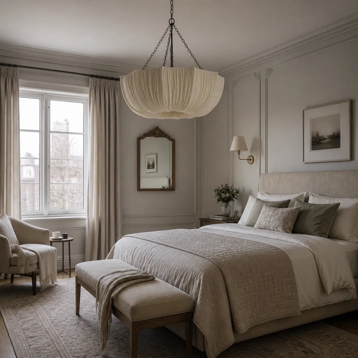 Ivory Pleated Fabric Bowl Pendant Light