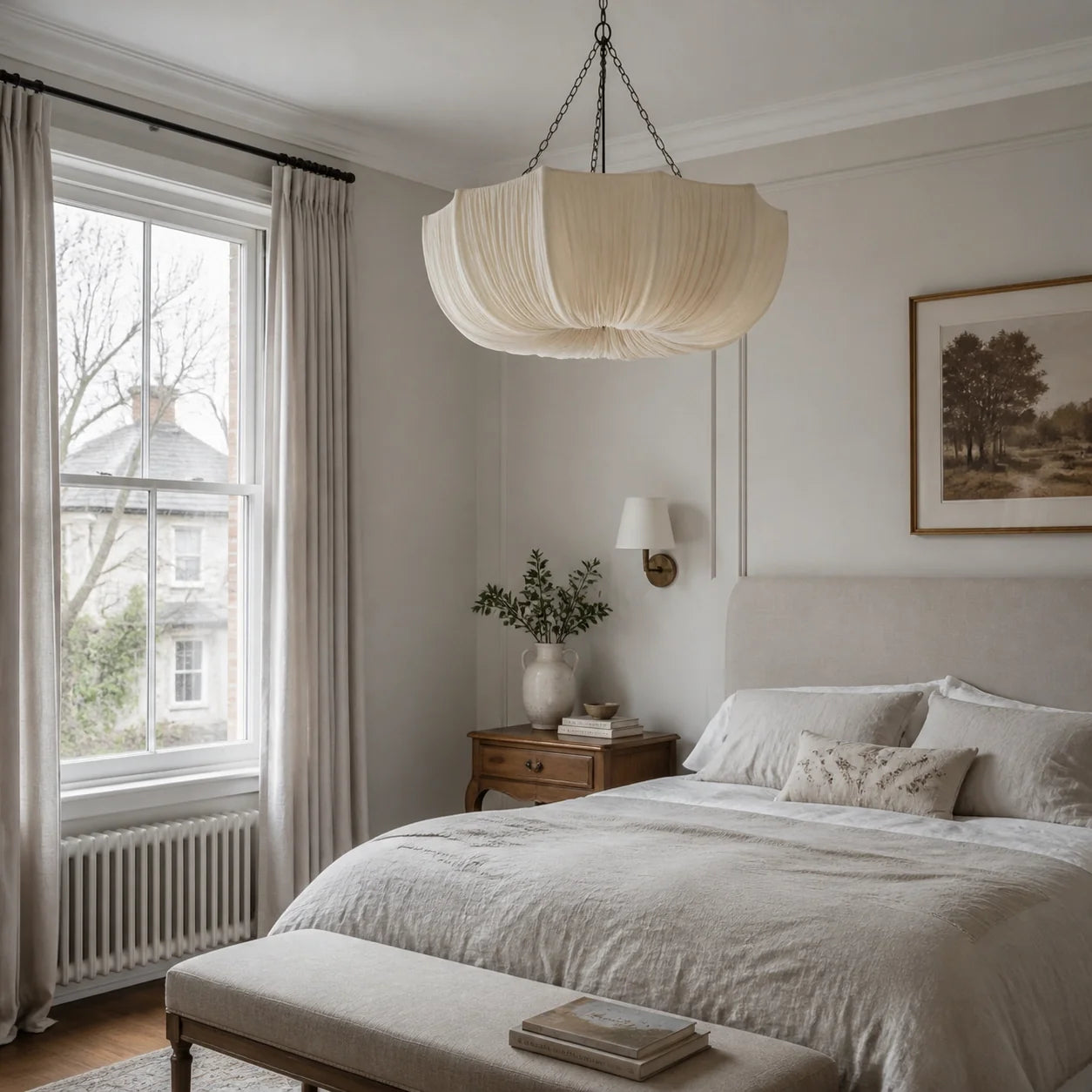 Ivory Pleated Fabric Bowl Pendant Light