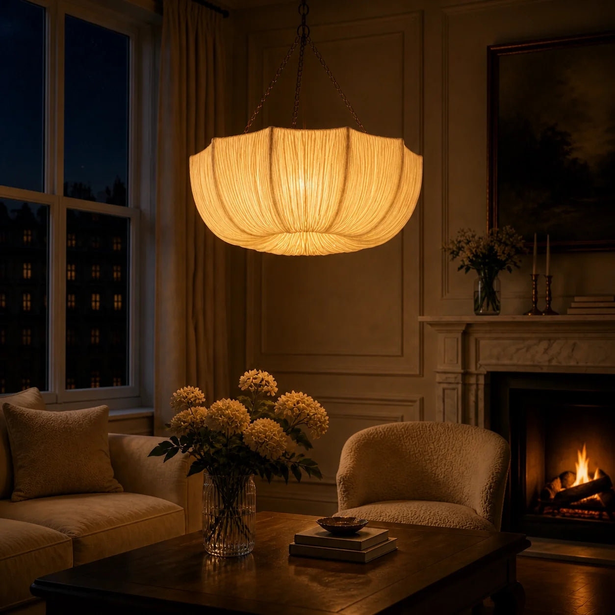 Ivory Pleated Fabric Bowl Pendant Light